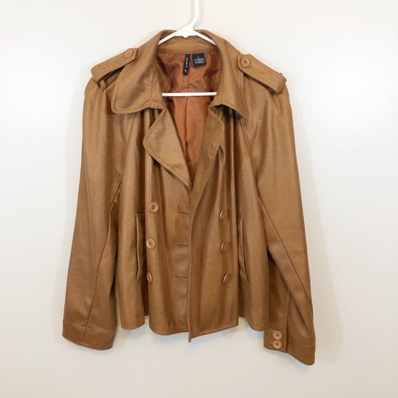Jacket Dress Coat Women's Tan Faux Leather Large - Picture 2 of 8